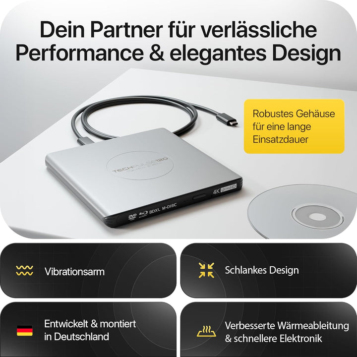 techPulse120 Externes USB 3.1 USB-C UHD 4k 3D M-DISC Blu-ray DVD CD HDR10 128GB Laufwerk Brenner Bur
