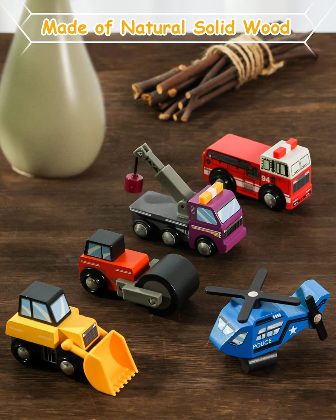 SainSmart Jr. Holzfahrzeuge Set (10 Stück), Spielzeug Autos mit Feuerwehr, Polizei, Krankenwagen &amp; B
