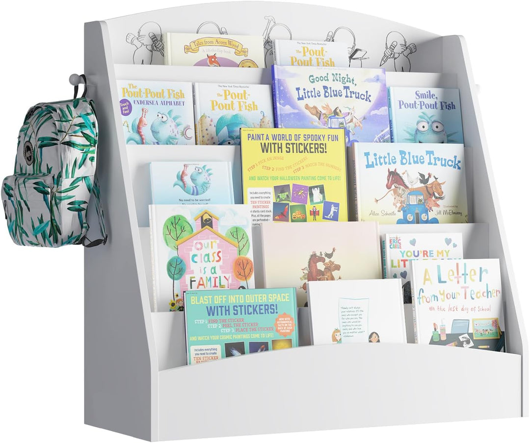 Kinder Bücherregal mit 5 offenen Fächern und Haken, Kinderregal Holz, Montessori Aufbewahrungsregal