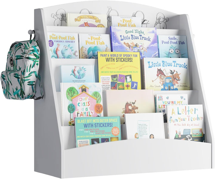 Kinder Bücherregal mit 5 offenen Fächern und Haken, Kinderregal Holz, Montessori Aufbewahrungsregal