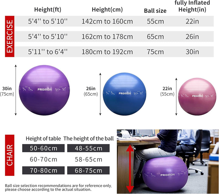PROIRON Gymnastikball Pezziball Sitzball Trainingsball Fitnessball &amp; Balance für Core-Training mit P