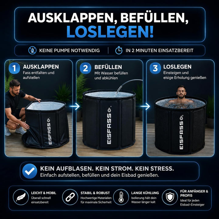 Eisfass® Easy Premium Eisbad für Zuhause zum Eisbaden (77cm Ø x 67 cm, 250L) Patentiert in Europa -