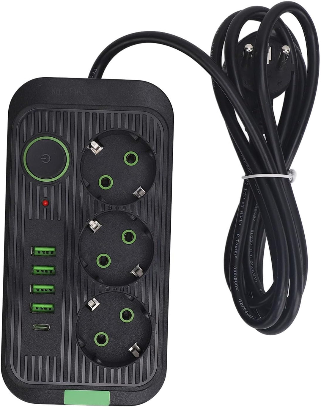 Überspannungsschutz, Europäische 10-A-2500-W-Steckdosenleiste mit 3 Steckdosen, 4 USB- und 1 Typ-C-A