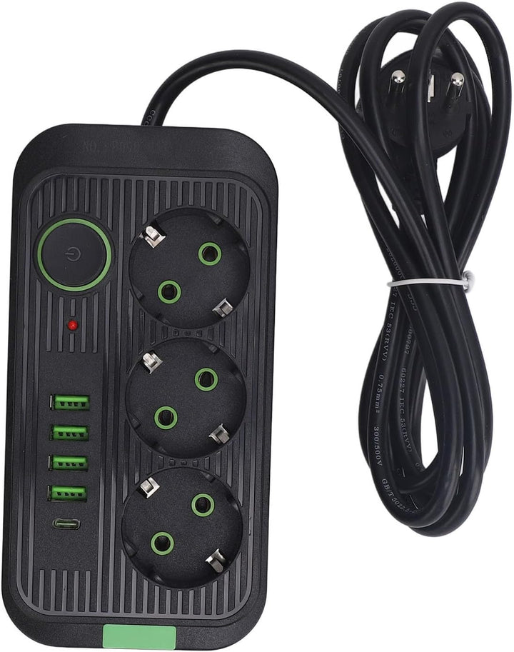 Überspannungsschutz, Europäische 10-A-2500-W-Steckdosenleiste mit 3 Steckdosen, 4 USB- und 1 Typ-C-A