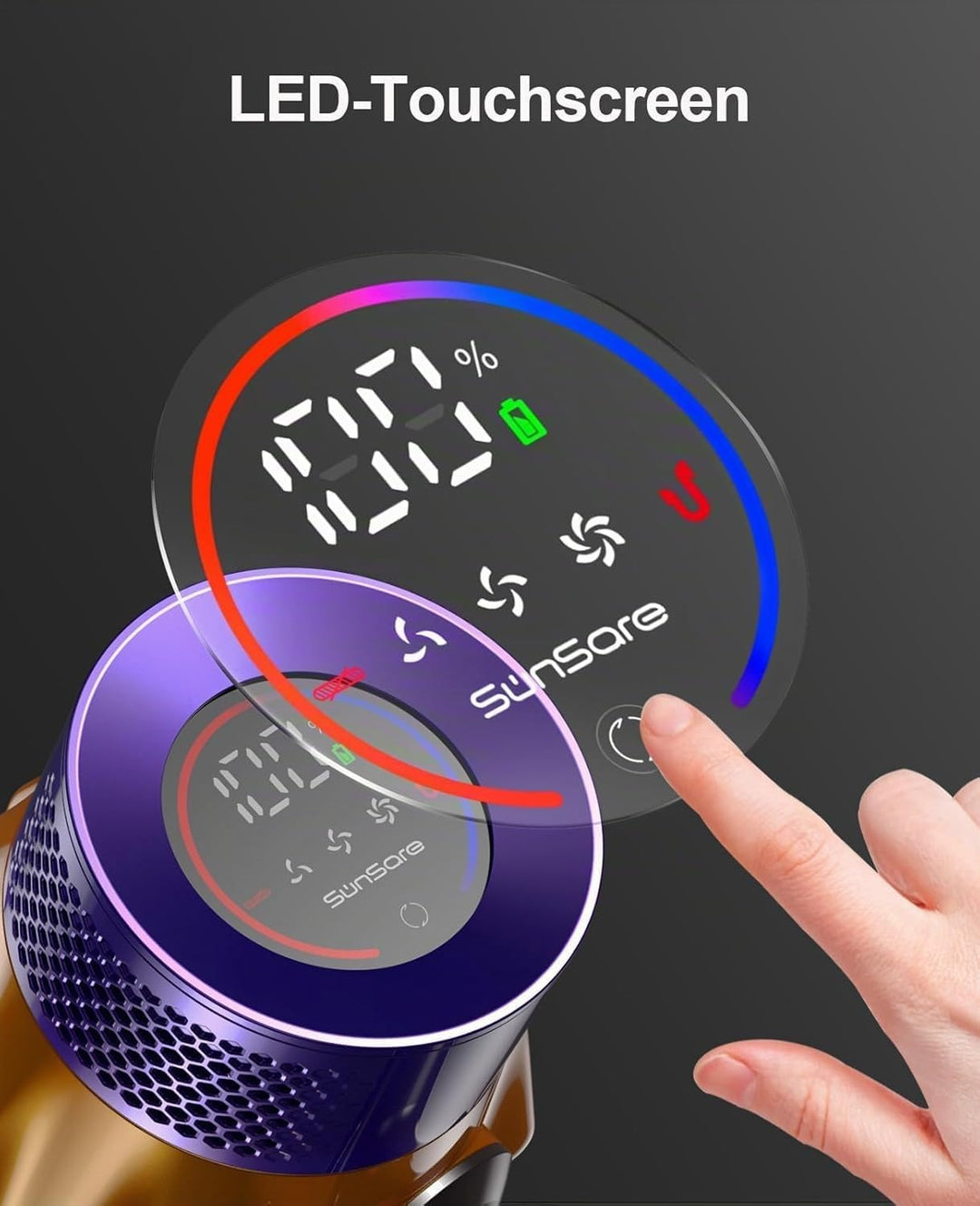 SunSare Akku Staubsauger 600W/50000Pa/65Min, Staubsauger Kabellos mit Smart Display und Ladestation,