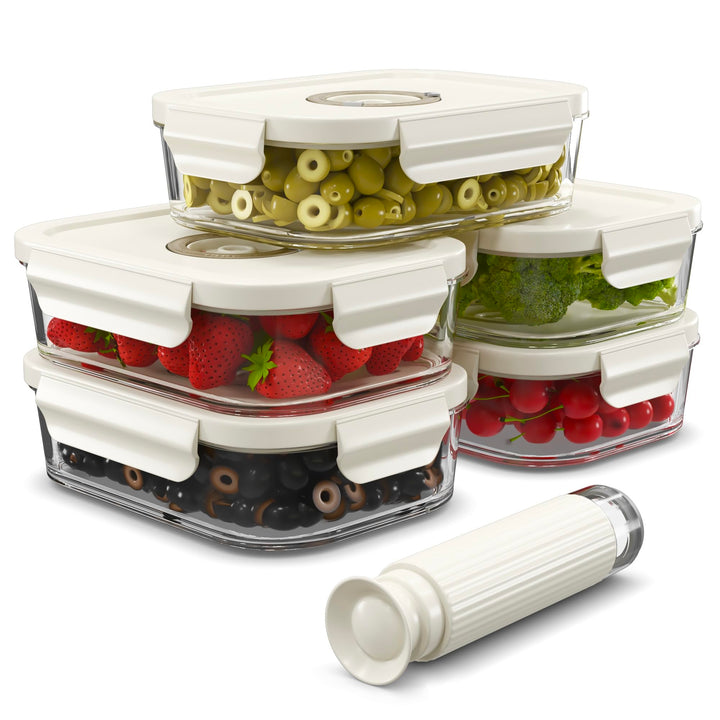 5er-Pack 1040ml Glas-Vakuum-Lebensmittelbehälter mit Datumsanzeige & Pumpe - luftdichte Vakuumbehält