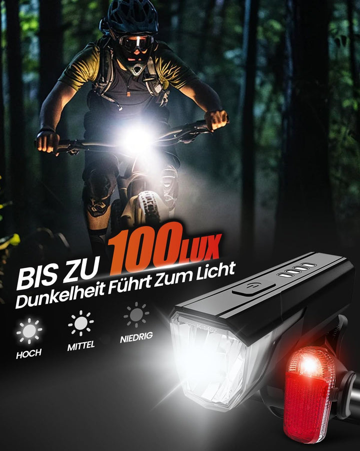LED Fahrradlicht Set, Aufladbar, Wasserdicht Fahrradbeleuchtung Schwarz, Schwarz