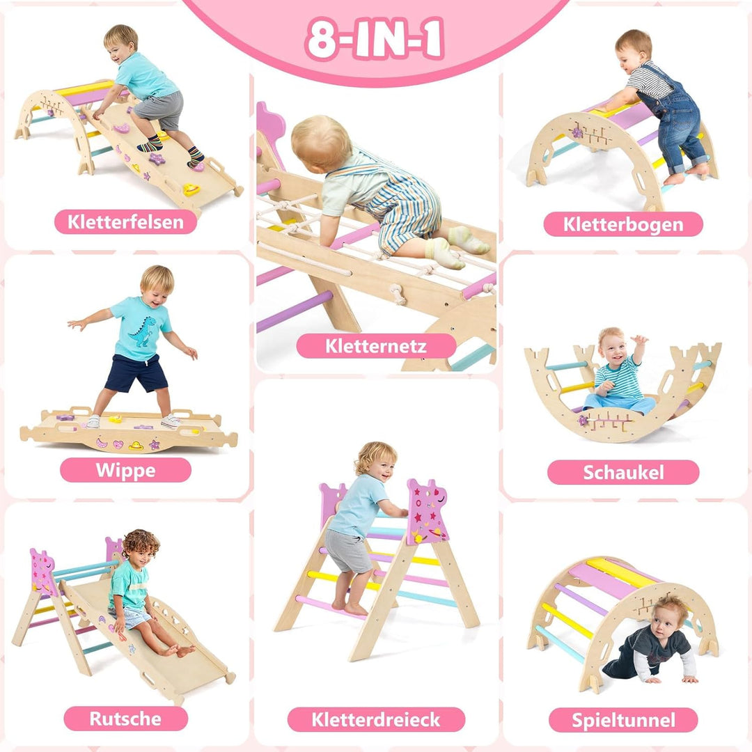 FANTASK 7 in 1 Klettergerüst Indoor, Kletterdreieck mit Rutsche, Kletterbogen, Netz, inkl. doppelsei