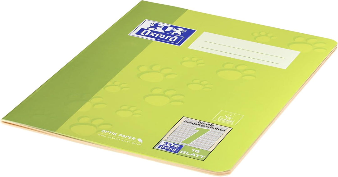 Oxford Schulheft A5, Lineatur 1, 16 Blatt, grün mit Tatzen, 15 Stück (Packung mit 2) 16 Blatt (Packu