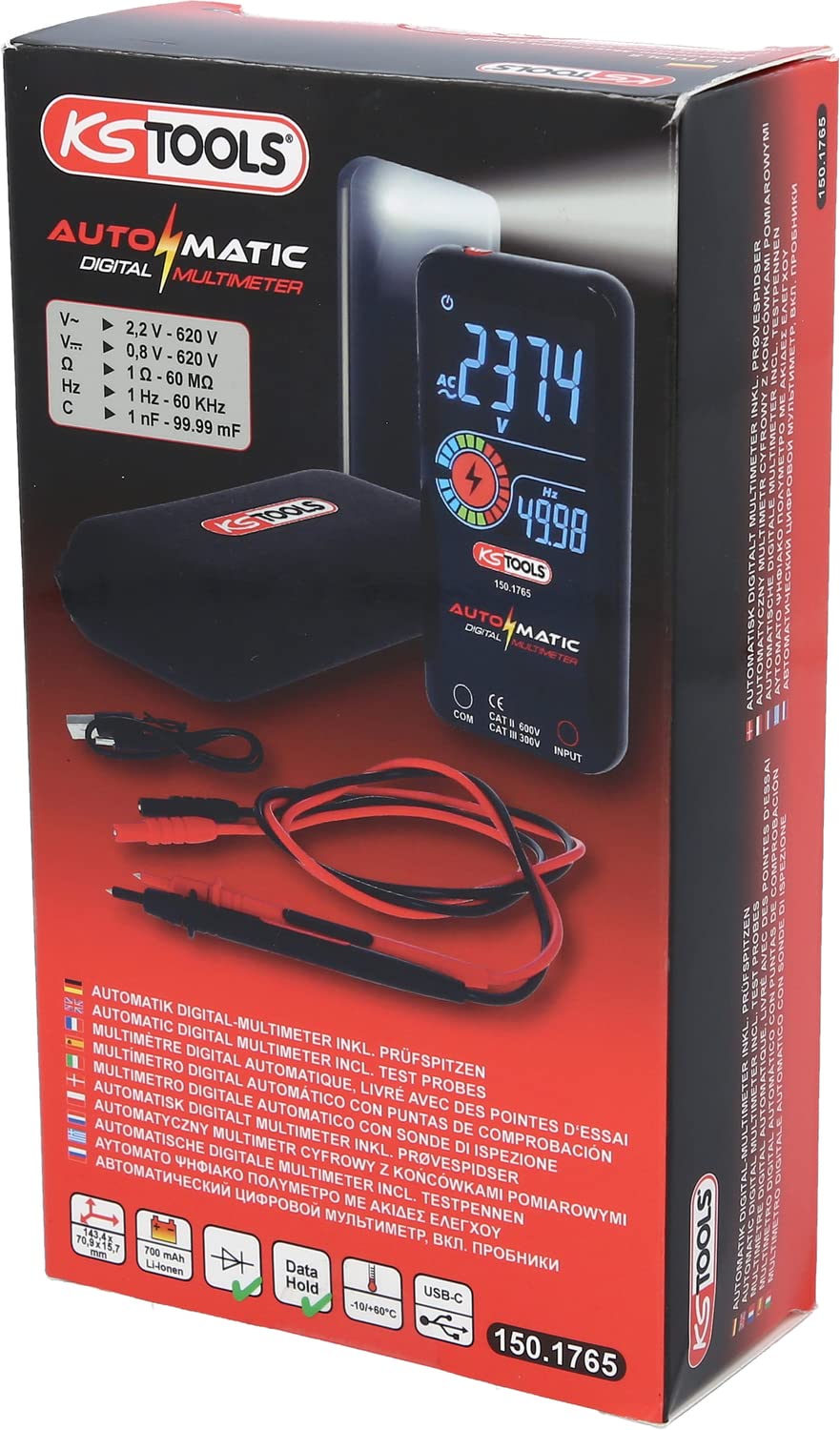KS Tools 150.1765 Automatik Digital-Multimeter inkl. Prüfspitzen, Rot-schwarz