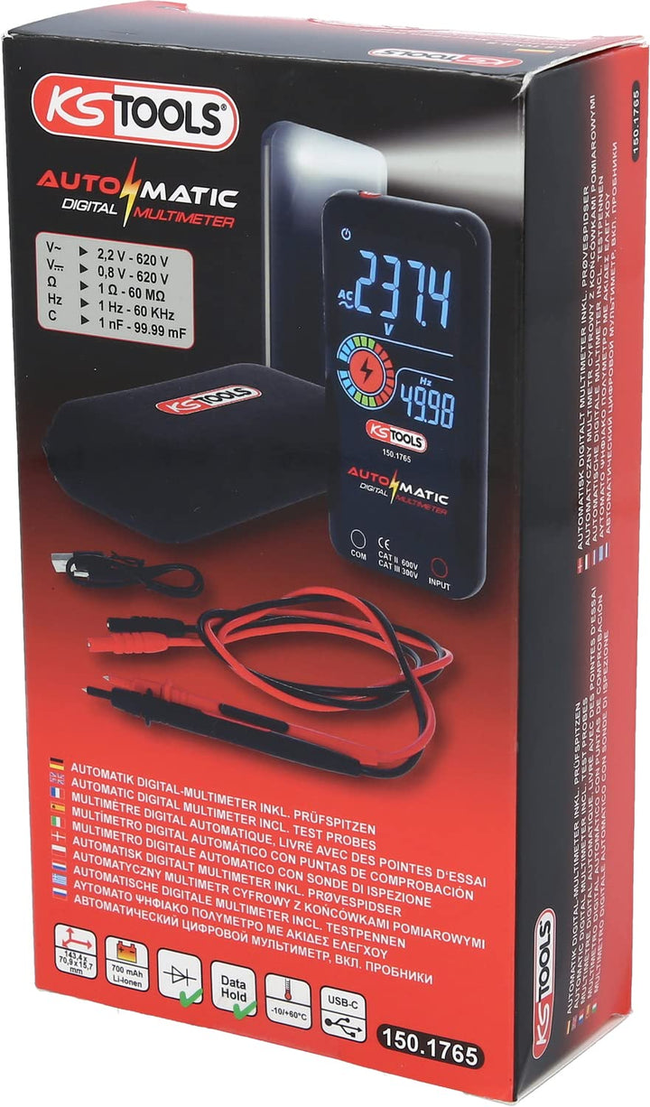 KS Tools 150.1765 Automatik Digital-Multimeter inkl. Prüfspitzen, Rot-schwarz