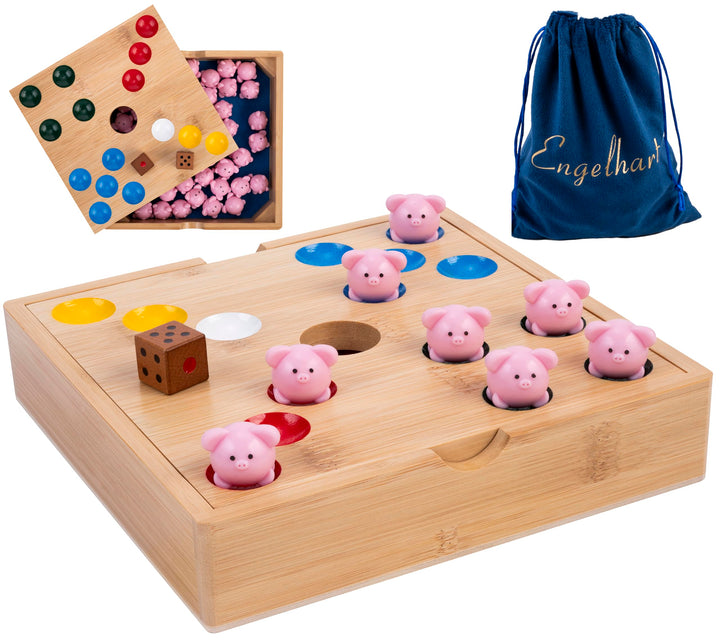 Engelhart Schweinchen Spiel Würfelspiel mit grossen 2 cm Silikon-Schweinchen – Ferkelspiel in Holzbo