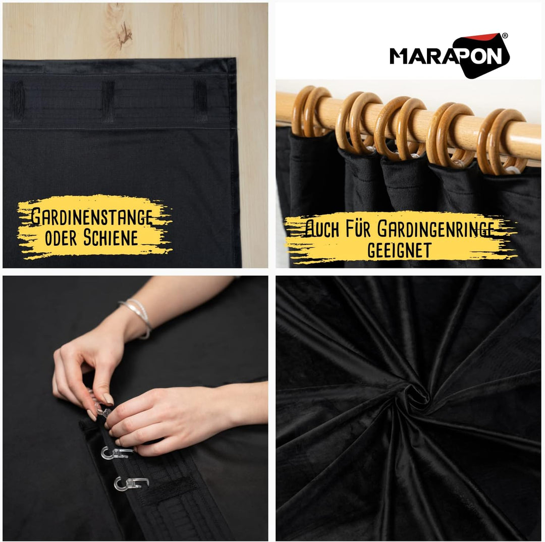 MARAPON® Gardinen aus Samt in Schwarz [2 Stück] | mit Multifunktionsband | Vorhänge Blickdicht | Ver
