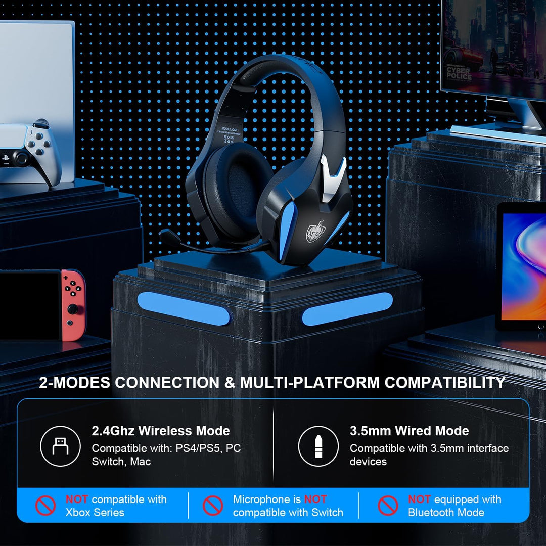 PHOINIKAS Gaming-Headset Wireless, Kabelloses Gaming-Kopfhörer, 2.4GHz-Dongle für PS4/PS5/PC, 7.1-St