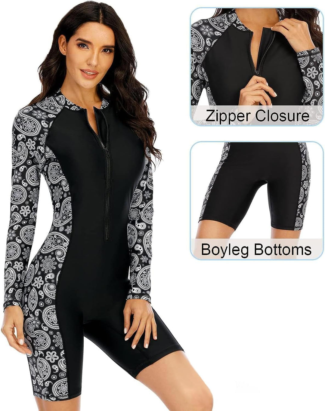 Beachkini One-Piece Swimsuit for Women Long-Sleeved Swimwear with Front Zip Triangle Swimsuit M 81-s