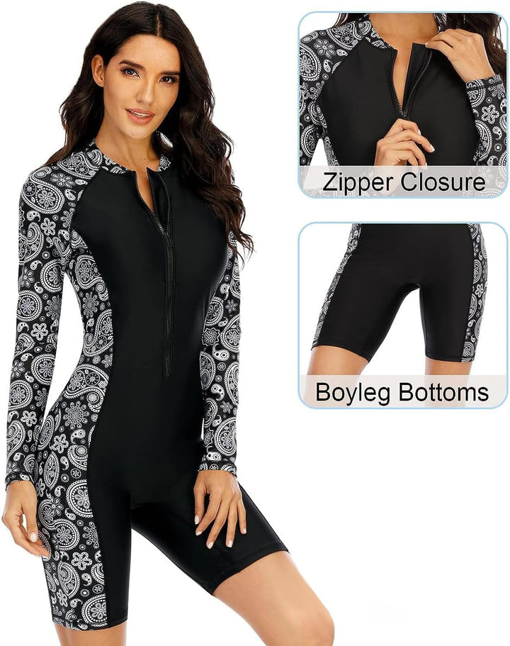 Beachkini One-Piece Swimsuit for Women Long-Sleeved Swimwear with Front Zip Triangle Swimsuit M 81-s