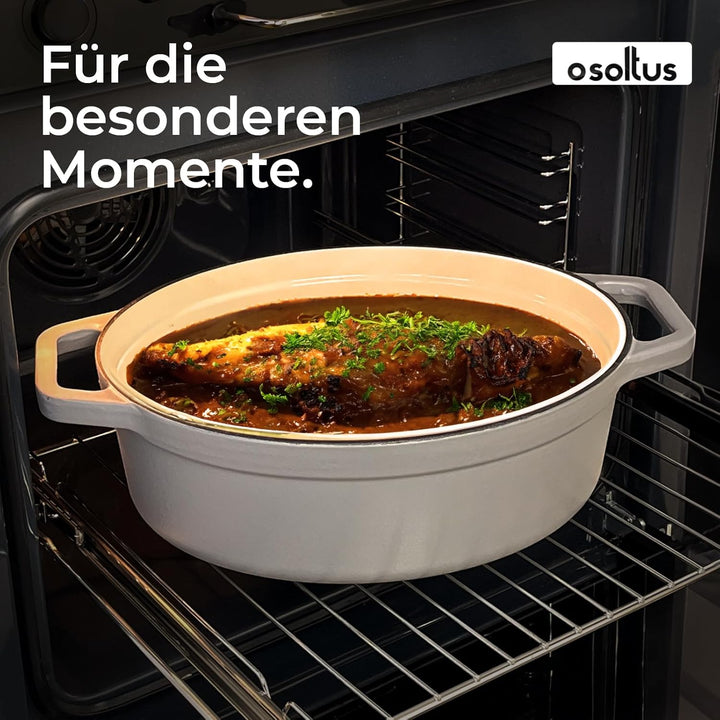 osoltus Bräter oval Gusseisen Schmortopf mit Tropfdeckel hellgrau 33 cm oval Hellgrau, oval Hellgrau
