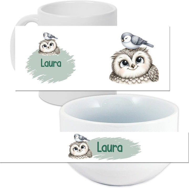 GRAZDesign Frühstückset Tasse mit Müslischale personalisiert für Kinder Eule Motiv aus Keramik - Ges