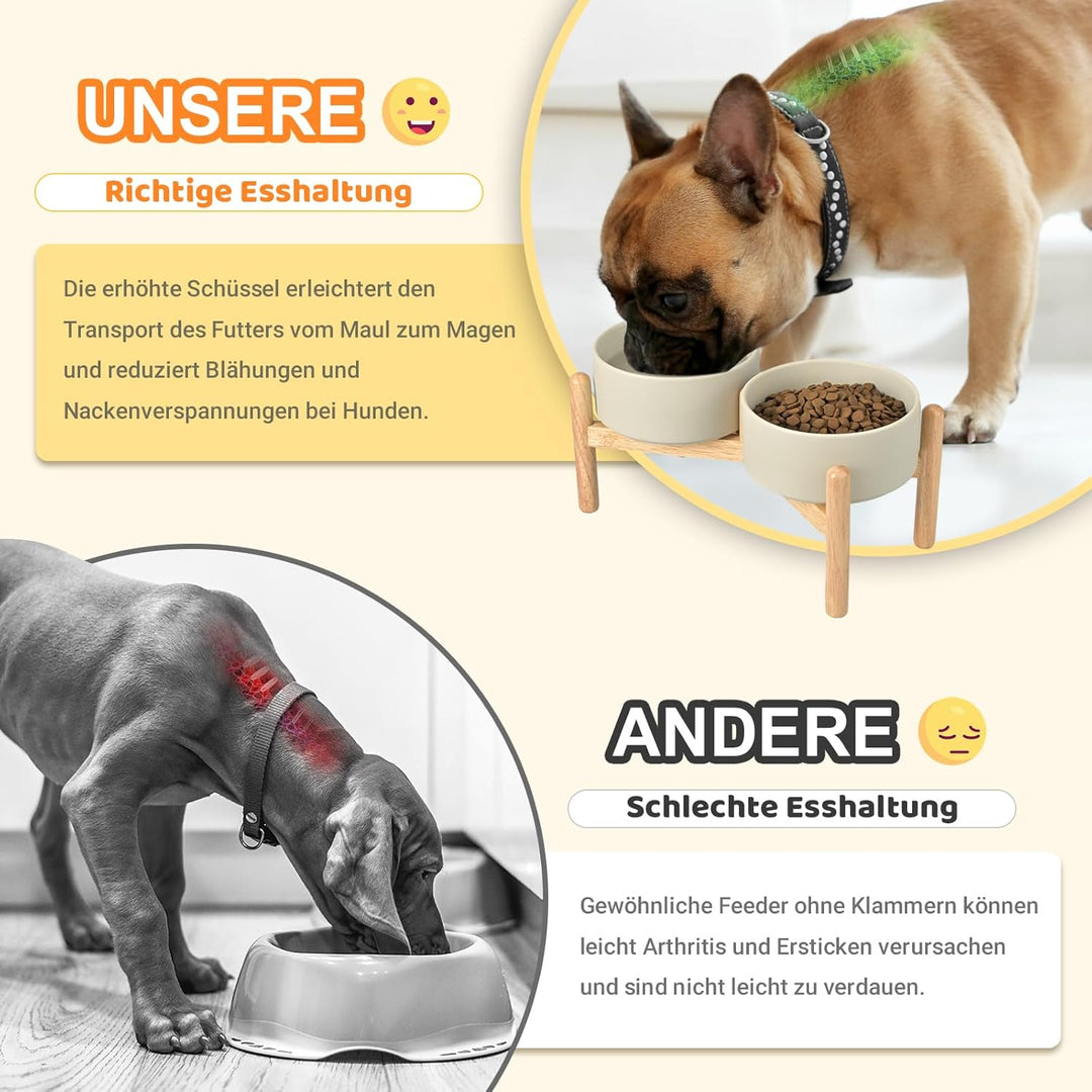 SPUNKYJUNKY Hundenapf Keramik Fressnapf Erhöhter Futternapf Wassernapf mit Bambus Ständer für mittel