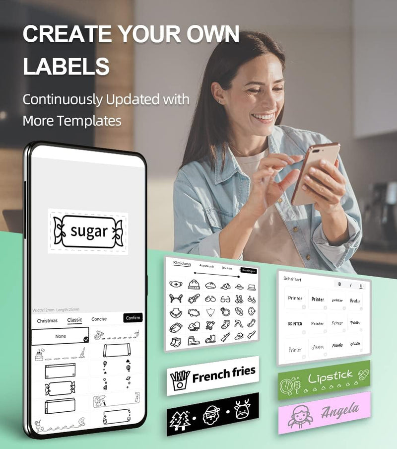 Phomemo P12 Etikettendrucker Bluetooth, Mini labelmaker Beschriftungsgerät selbstklebend, Thermo Eti