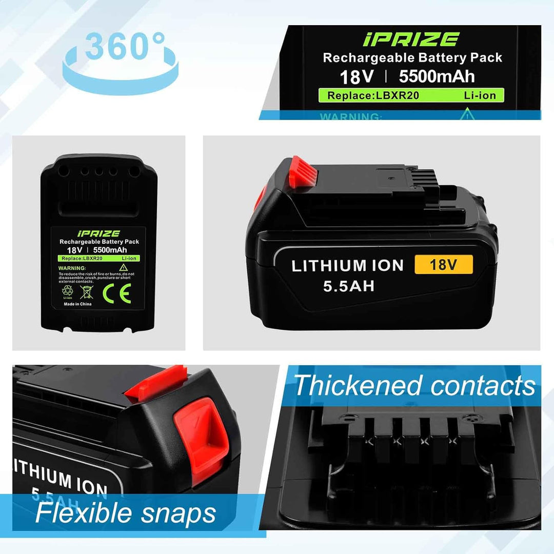 iPrize 18V 5.5Ah Li-Ion Ersatzakku für Black+Decker BL2018 BL2018-XJ BL1518 BL4018 LB20 LBX20 LBXR20