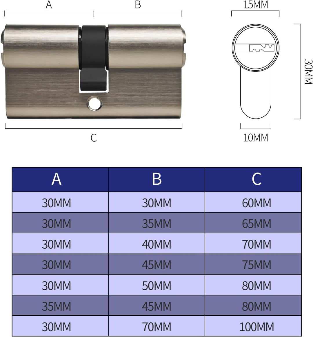 Massiver Schliesszylinder 30/30 Zylinderschloss Messing mit 5 Schlüssel - Länge: 60 mm, A:30 B:30 -