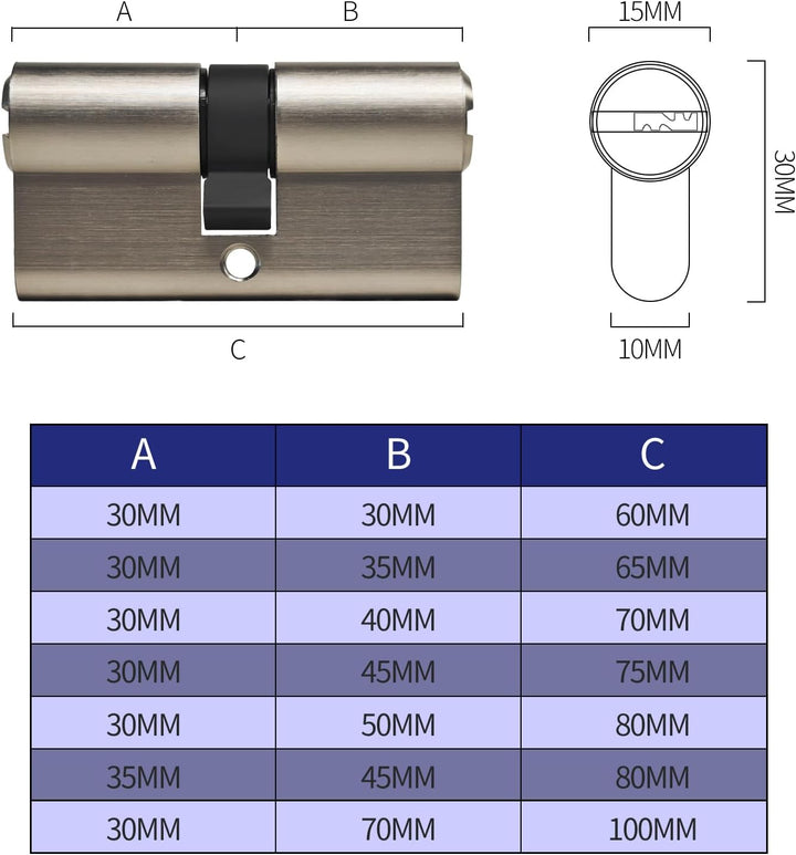 Massiver Schliesszylinder 30/30 Zylinderschloss Messing mit 5 Schlüssel - Länge: 60 mm, A:30 B:30 -
