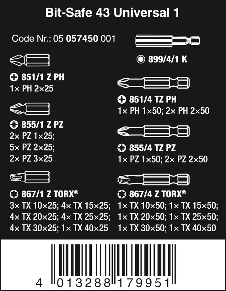 Wera Bit-Sortiment, Bit-Safe 43 Universal 1, 43-teilig, 1