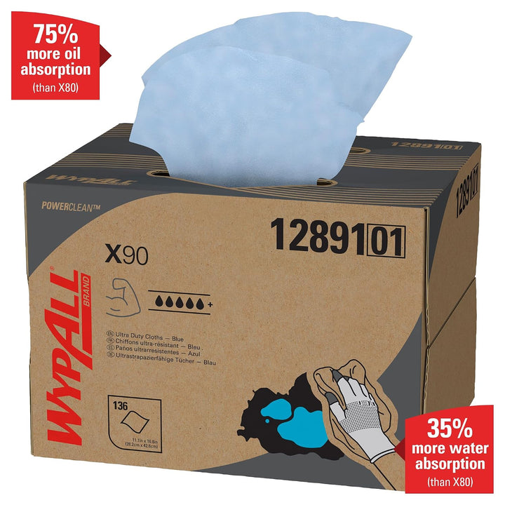 WypAll X90 Power Clean Tücher 12891 – 1 BRAG Box mit 136 blauen, 2-lagigen Tüchern