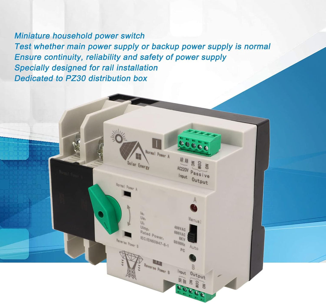 Dual Power Automatischer Transferschalter AC 230V 2P 63A ATS PC Hutschiene Notstrom Netz Umschalter