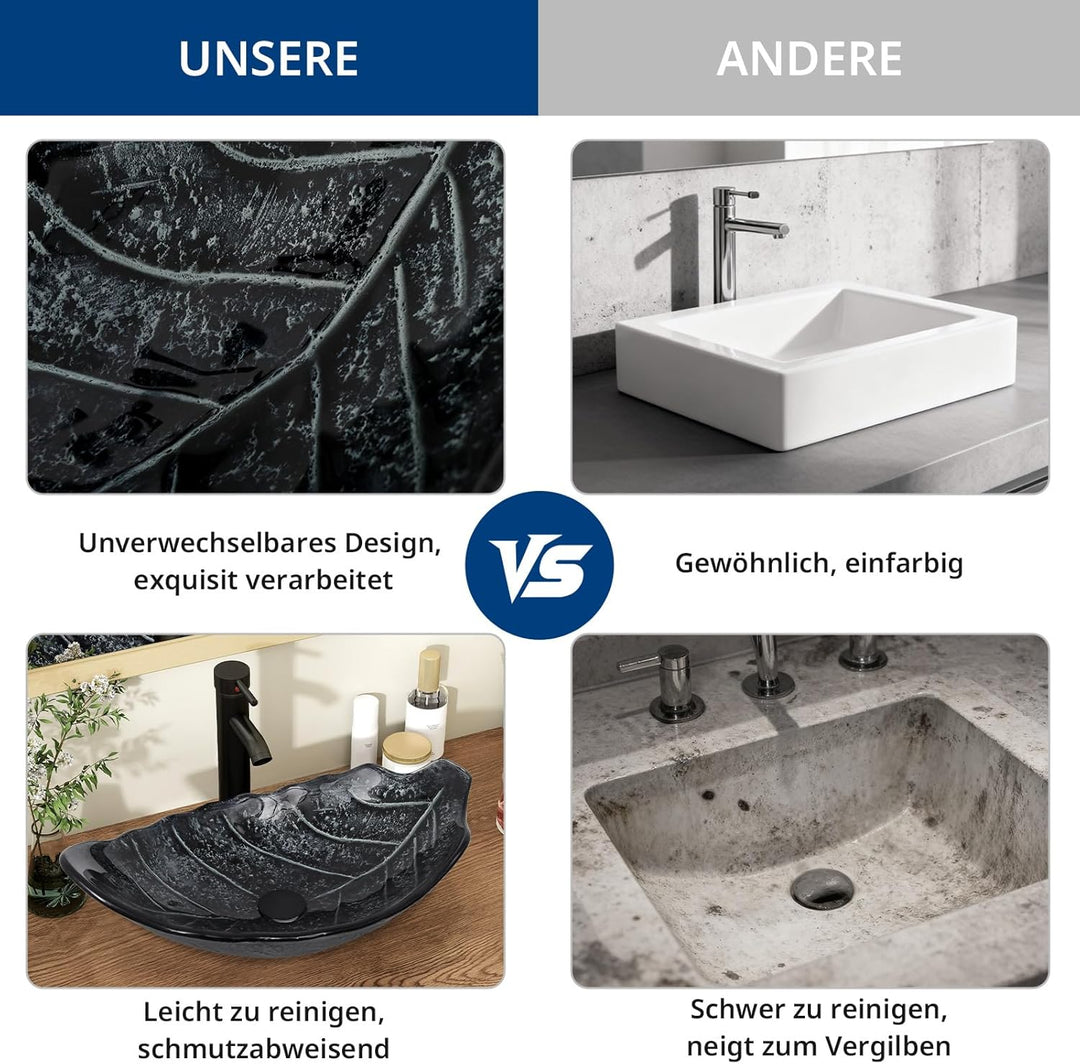 YU YUSING Aufsatzwaschbecken Waschbecken Glas Waschtisch Waschschale mit Wasserhahn Set, Blattförmig