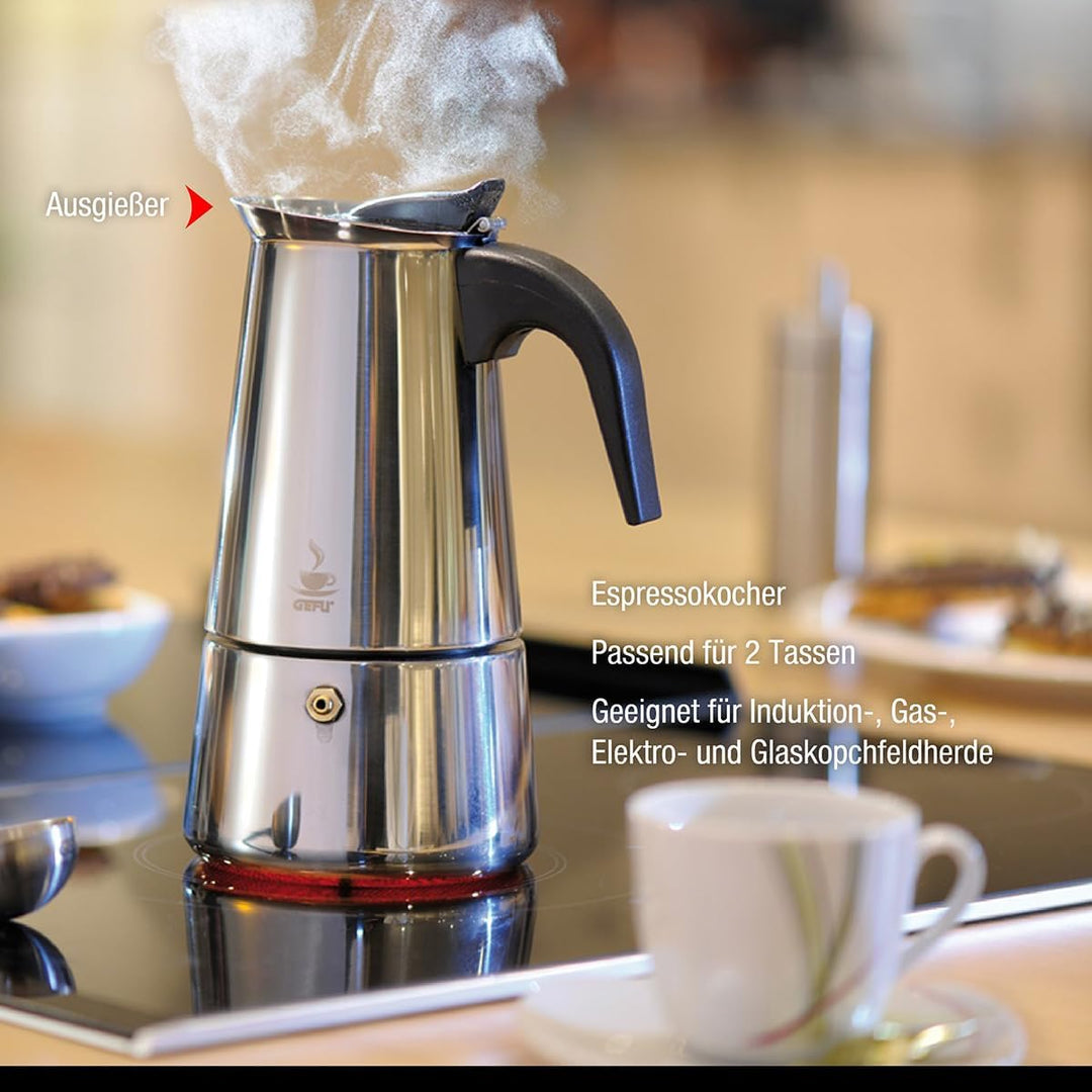 GEFU Espressokocher EMILIO für 4 Tassen | Edelstahl Mokkakanne mit Ausgiessnase | Für Gas, Elektro,