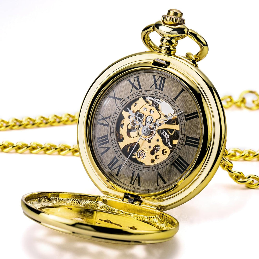 Treeweto Vintage Taschenuhr, mechanisch, doppelter Abdeckung, hohles Gehäuse, Skelett, Steampunk, Hi