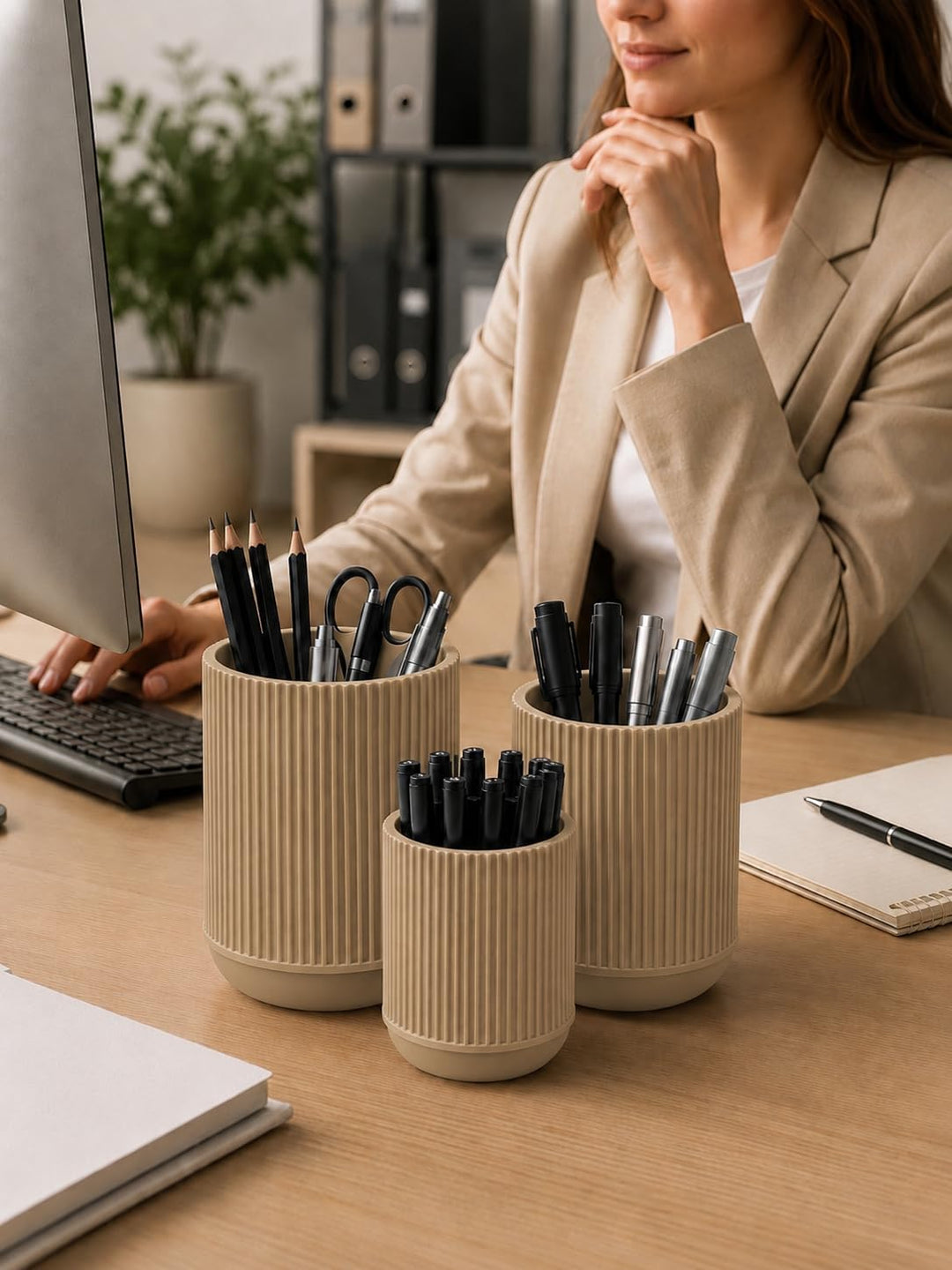 CABU Stiftehalter Beige 3er Set – Minimalistischer Schreibtisch Organizer – Multifunktionaler Stifte