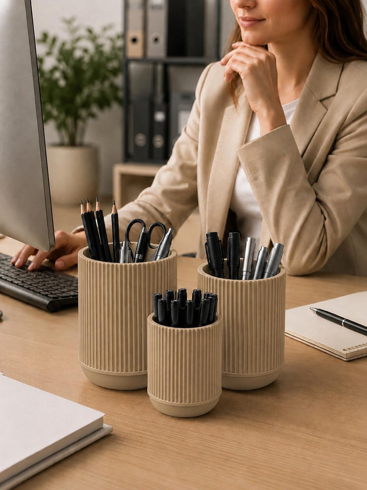 CABU Stiftehalter Beige 3er Set – Minimalistischer Schreibtisch Organizer – Multifunktionaler Stifte