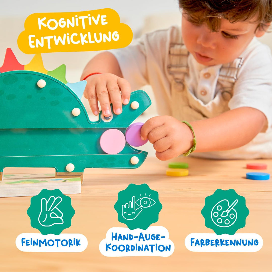 Nene Toys Hungriger Dino, Montessori Holzspielzeug ab 2 Jahren, Farben-Sortierspiel für Kleinkinder,