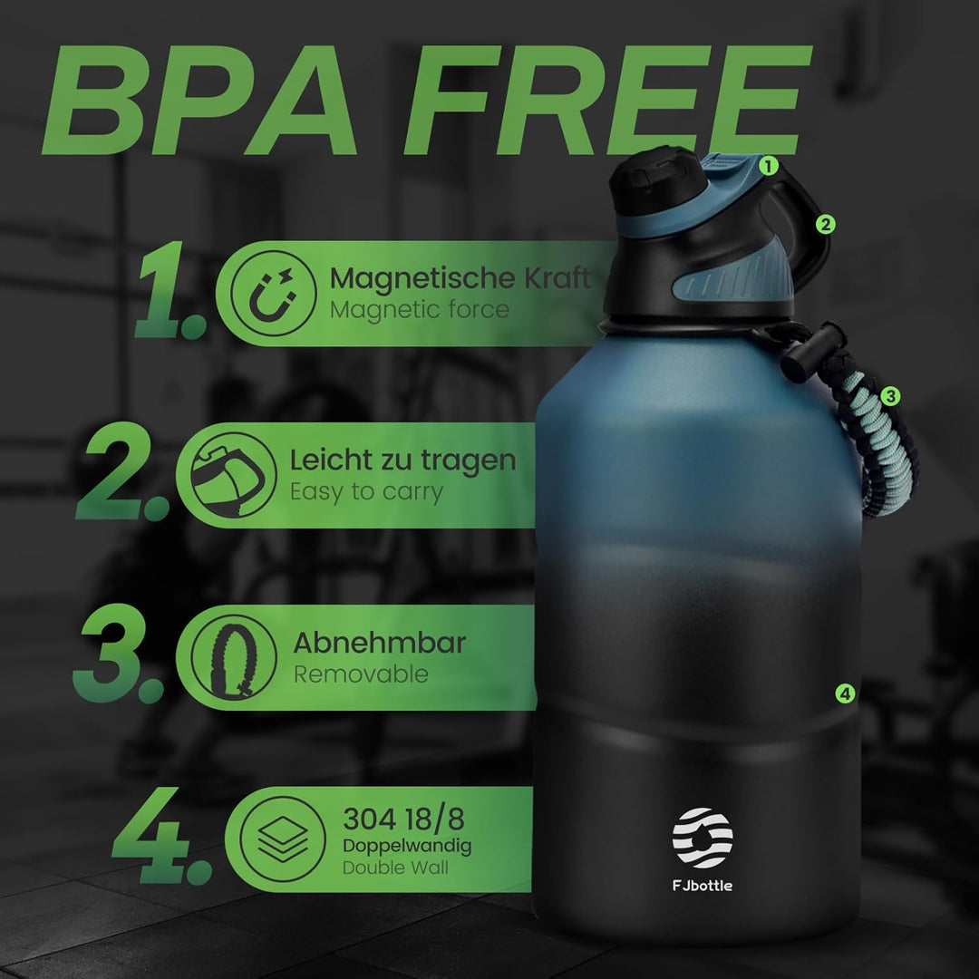 FJbottle Edelstahl Trinkflasche 1,9L mit Magnetischem Deckel, BPA FREI auslaufsichere Doppelwandig T