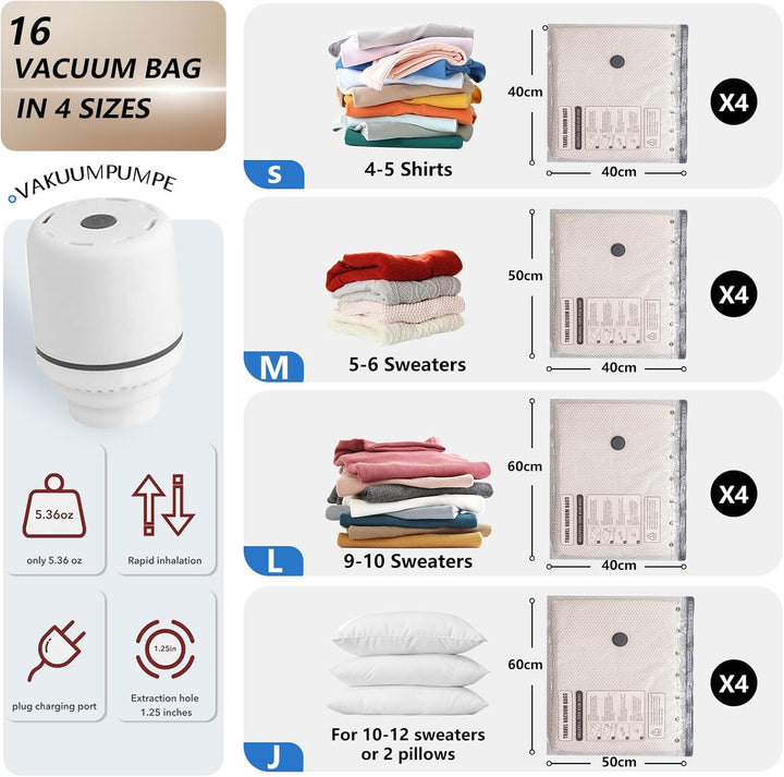16 Stück Vakuumbeutel für Kleidung mit Kabelpumpe – 4 Grössen Vakuumierbeutel Kleidung (40x40, 40x50