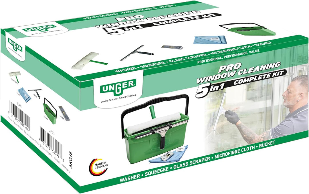 Unger PRO Komplett-Set 5in1 (inkl. Einwascher, Fensterwischer, Mikrofasertuch, Sicherheitsschaber, E