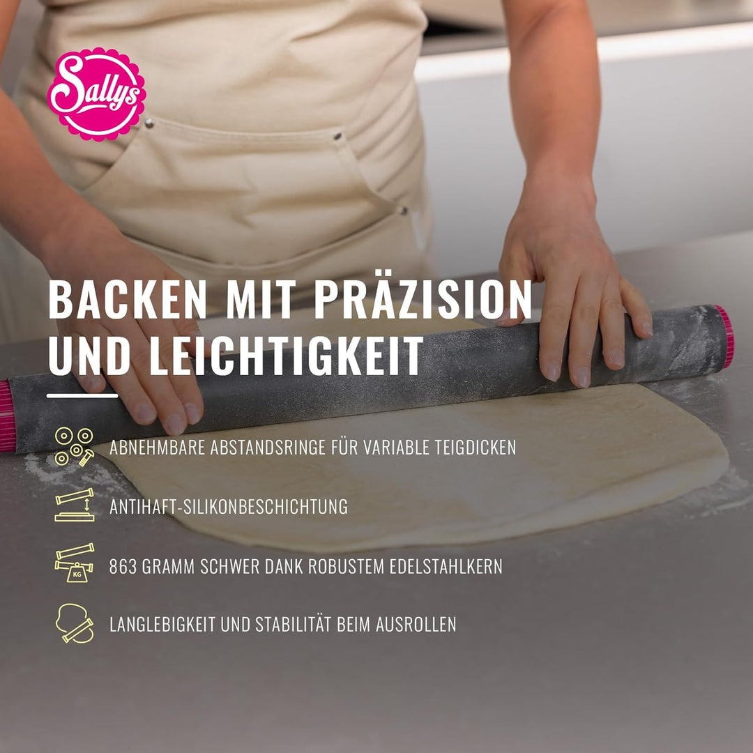 Sallys Profi Ausrollstab- 50 cm, Antihaftbeschichtetes Nudelholz aus Silikon, Teigroller mit abnehmb