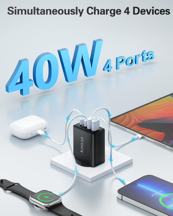 2-Pack Stecker USB C, 40W 4 Ports mit USB-C Adapter+QC Ladegerät Mehrfach Schnellladegerät USBC Lade