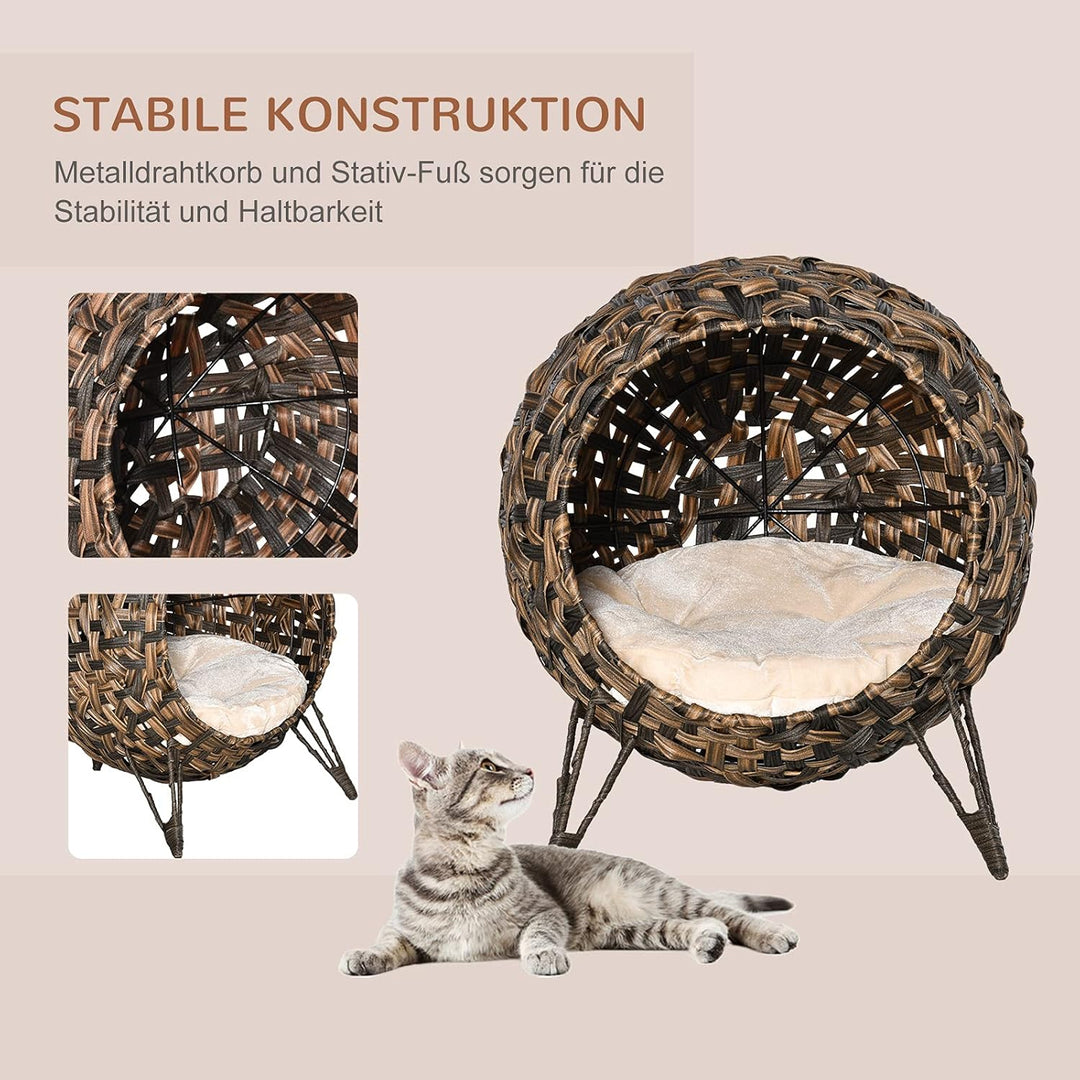 PawHut Katzenhaus aus Rattan mit Kissen Katzenschlafplatz Katzenhöhle mit erhöhten Füssen Braun Ø52