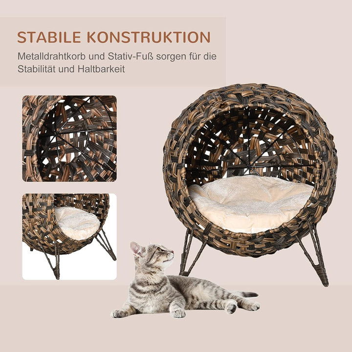 PawHut Katzenhaus aus Rattan mit Kissen Katzenschlafplatz Katzenhöhle mit erhöhten Füssen Braun Ø52