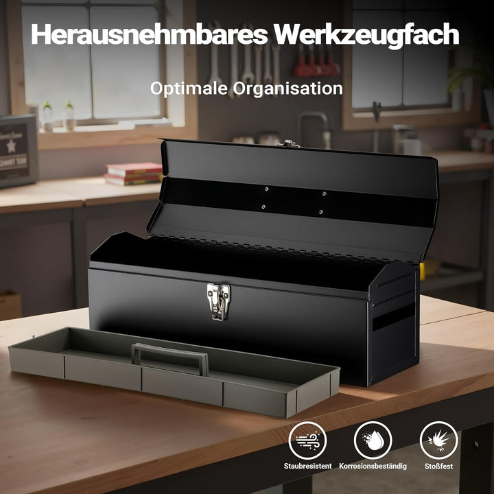 Wiltec Werkzeugkasten 484 x 154 x 165 mm aus Stahl, Werkzeugkoffer mit herausnehmbarer Ablage und Ha