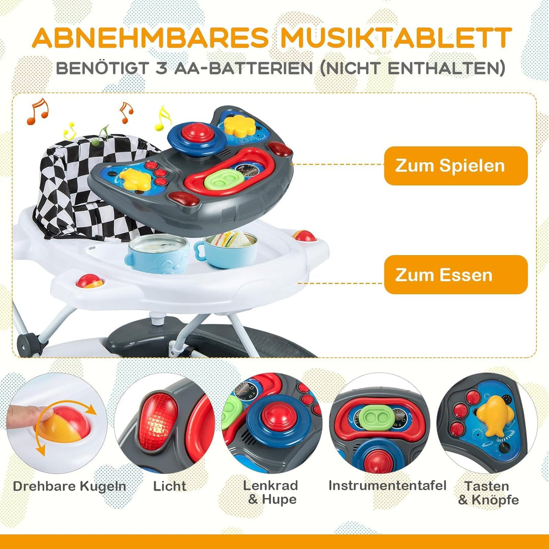 COSTWAY 6 in 1 Lauflernhilfe, Lauflernwagen mit abnehmbarem Spielboard &amp; Fusspolster, Baby Walker hö