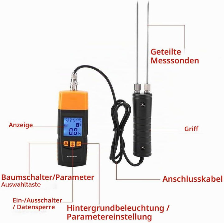 Digitales Holzfeuchtemessgerät mit Langer Sonde, GM620 Handheld Feuchtigkeitsmessgerät Hackschnitzel