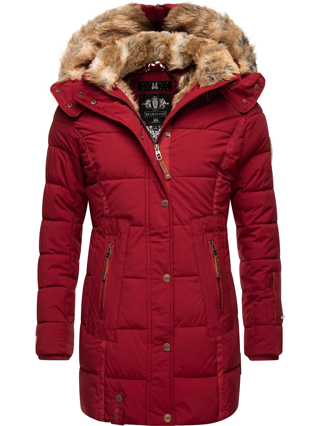 MARIKOO Damen Warmer Winter Steppmantel mit Kapuze Lieblings Jacke XS-XXL XS Blood Red, XS Blood Red