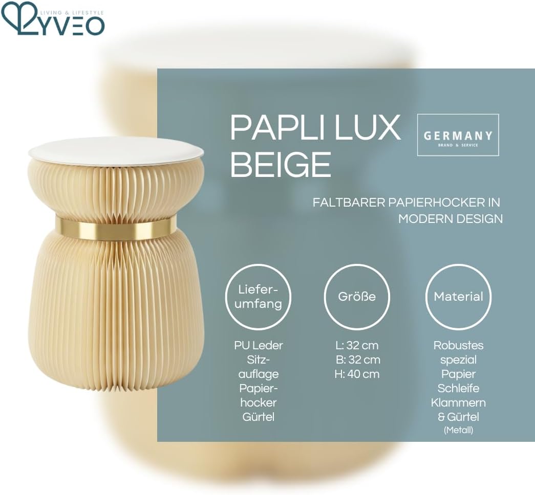 Lyveo Papierhocker Klapphocker faltbar aus Papier Ø 32x42cm Klappstuhl Hocker klappbar | moderner Be