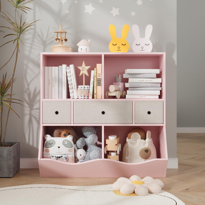 Kinderregal, Spielzeugregal, Bücherregal Kinder, 3-Stufig | Aufbewahrung mit Stoffboxen,Kinderzimmer