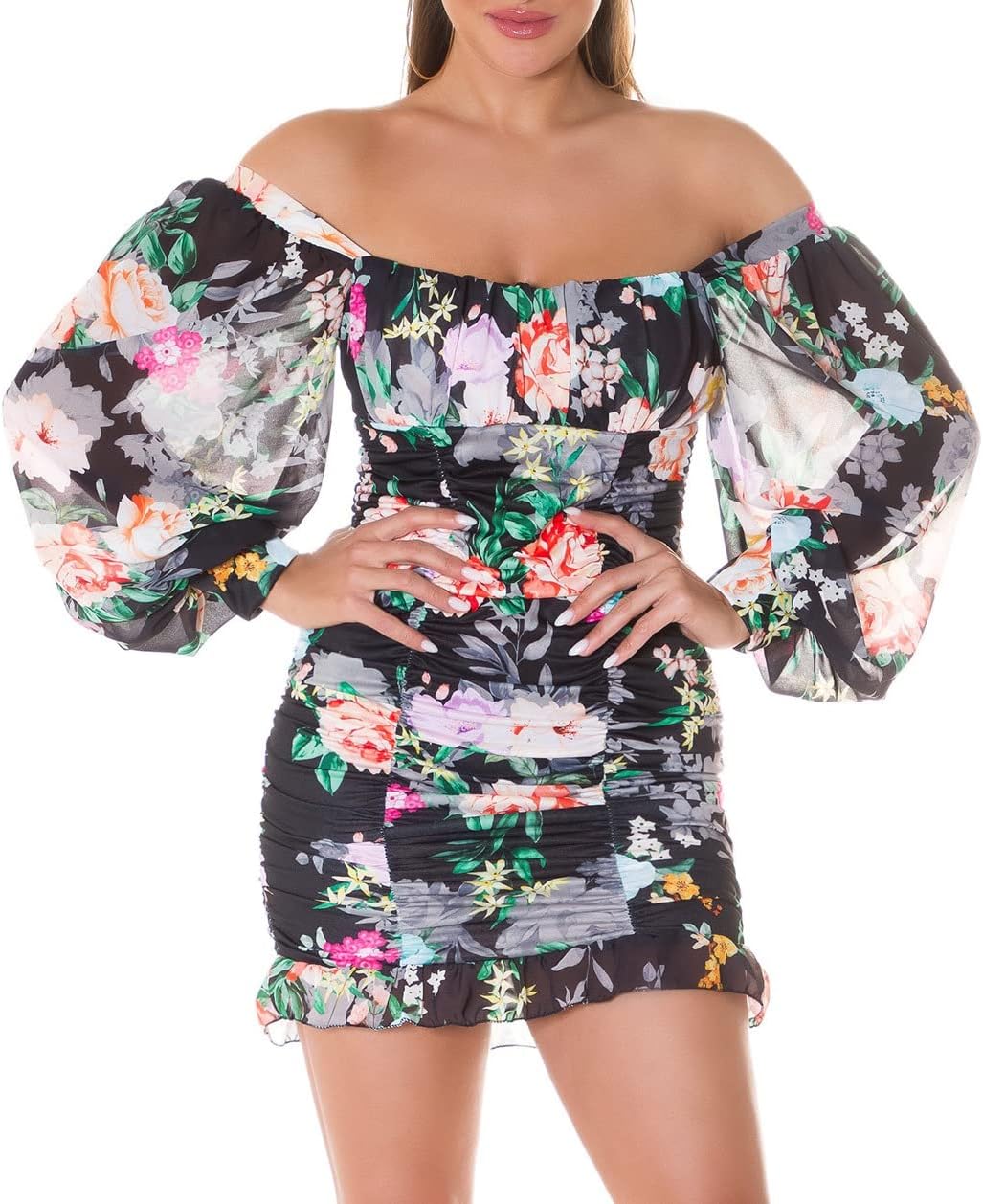 Flower Printed Romantic Off Shoulder Minikleid mit Ballon-Ärmel Einheitsgrösse Rot/Schwarz, Einheits